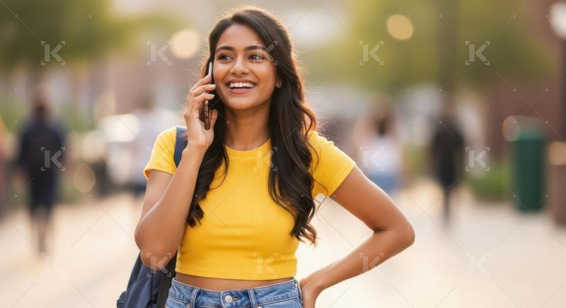 Young indian college girl talking on smartphone standing at coll