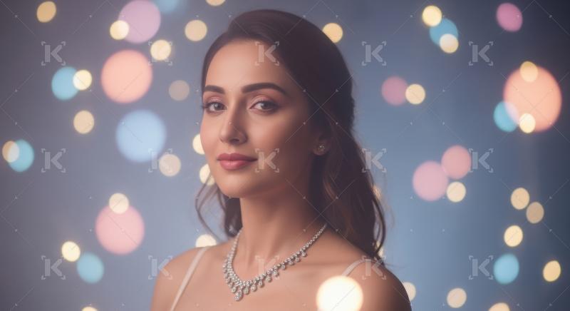 Young beautiful indian woman standing on sparkle background