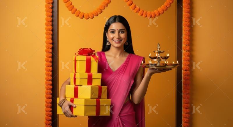 Young indian woman holding gift boxes and diyas on diwali festiv