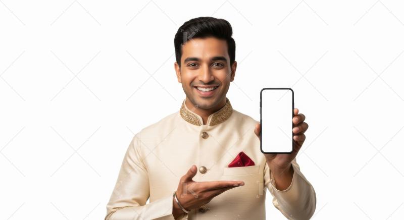 Young indian man showing white blank smartphone screen standing