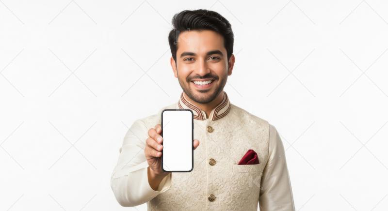 Young indian man showing white blank smartphone screen standing
