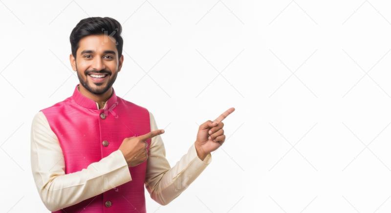 Young indian man wearing traditional cloths pointing with finger