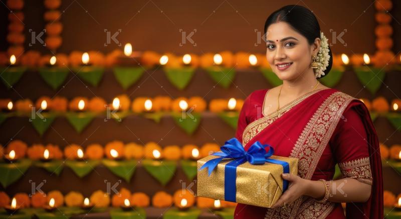Young beautiful indian woman holding gift box on diwali festival