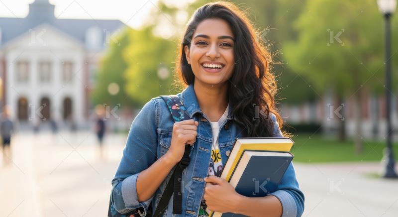 Young indian female student holding books standing in college ca