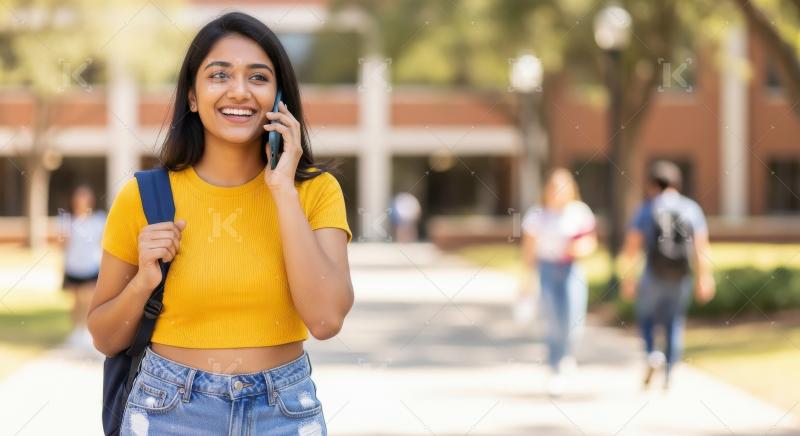 Young indian college girl talking on smartphone standing at coll