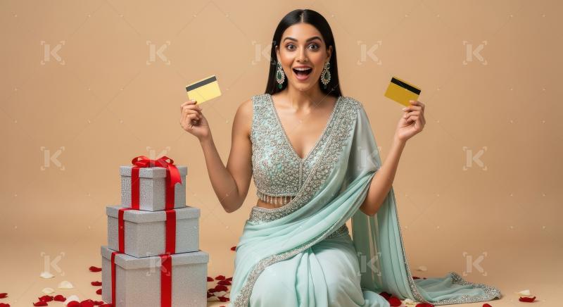 Young indian woman holding credit cards sitting with gift boxes