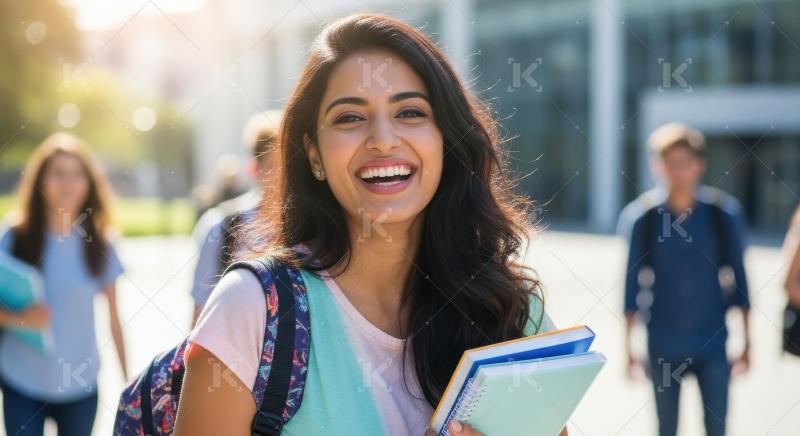 Young indian female student holding books standing in college ca