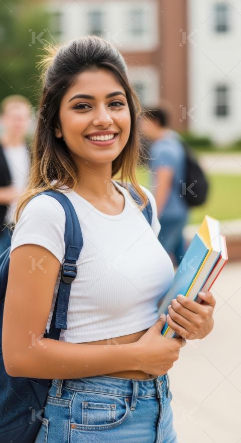 Young indian female student holding books standing in college ca