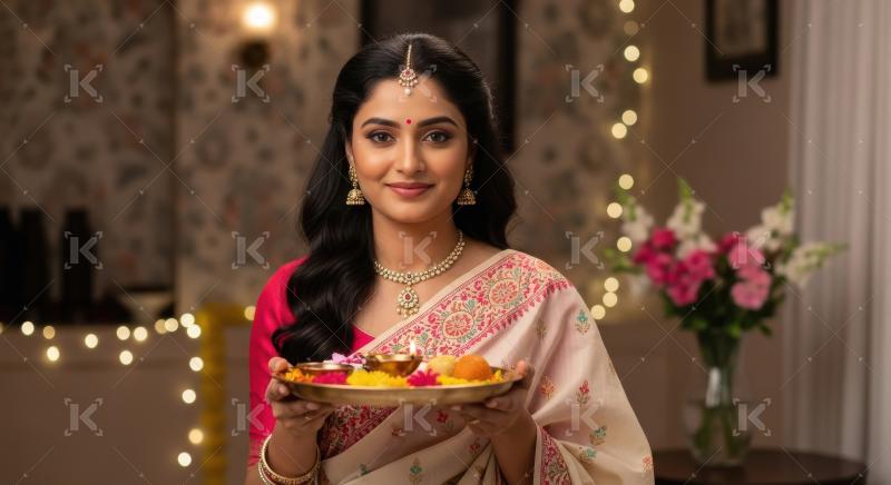 Young indian woman holding pooja thali on diwali festival at hom