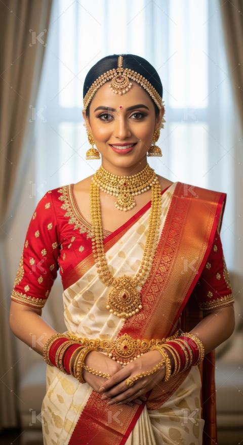 Young indian woman wearing traditional sari and jewelery