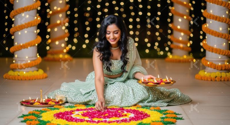 Young indian woman making flowers rangoli on diwali festival