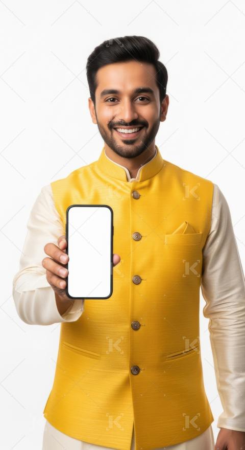 Young indian man showing white blank smartphone screen standing