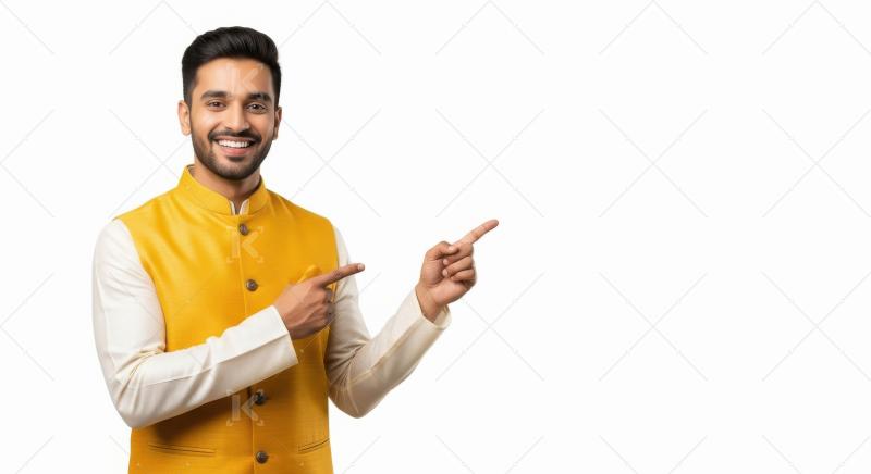Young indian man wearing traditional cloths pointing with finger