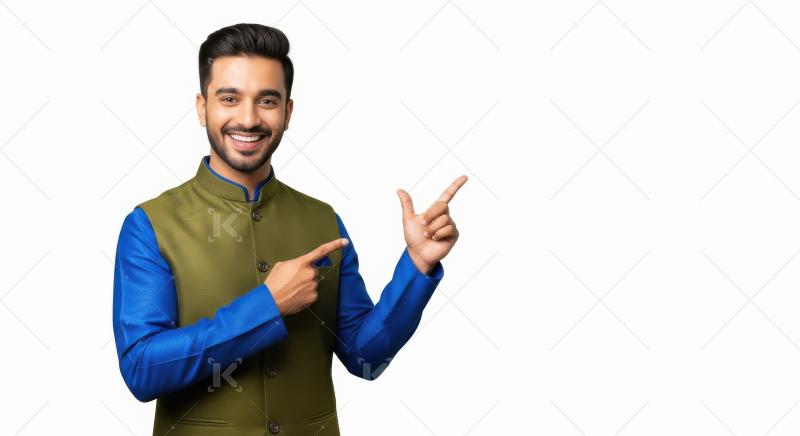 Young indian man wearing traditional cloths pointing with finger
