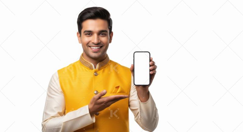 Young indian man showing white blank smartphone screen standing