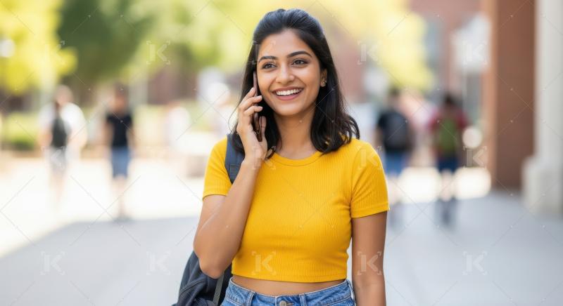 Young indian college girl talking on smartphone standing at coll