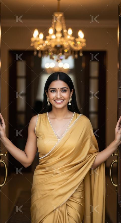 Young indian woman wearing traditional sari standing in house do