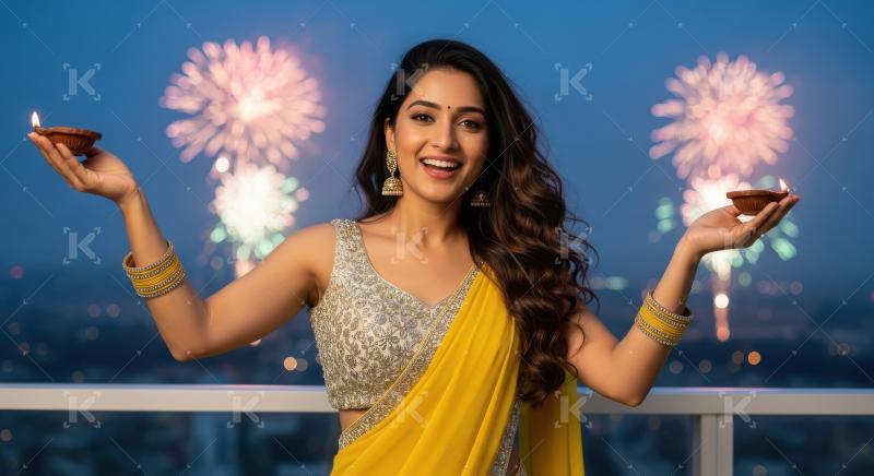 Young indian woman holding diyas celebrating diwali festival at
