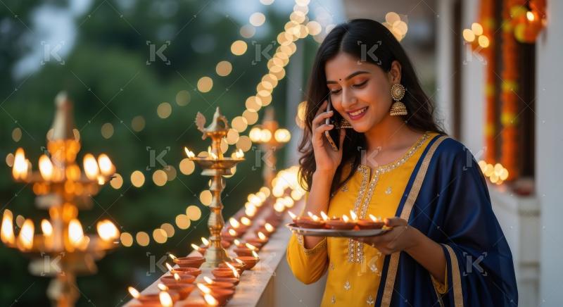 Young indian woman holding oil lamps plate and talking on smartp