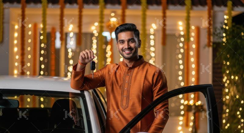 Young indian man holding new car key on diwali festival