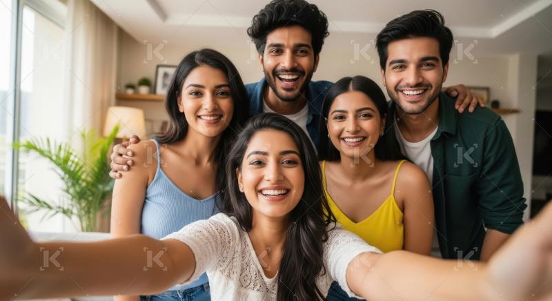 Young indian friends taking selfie together at home