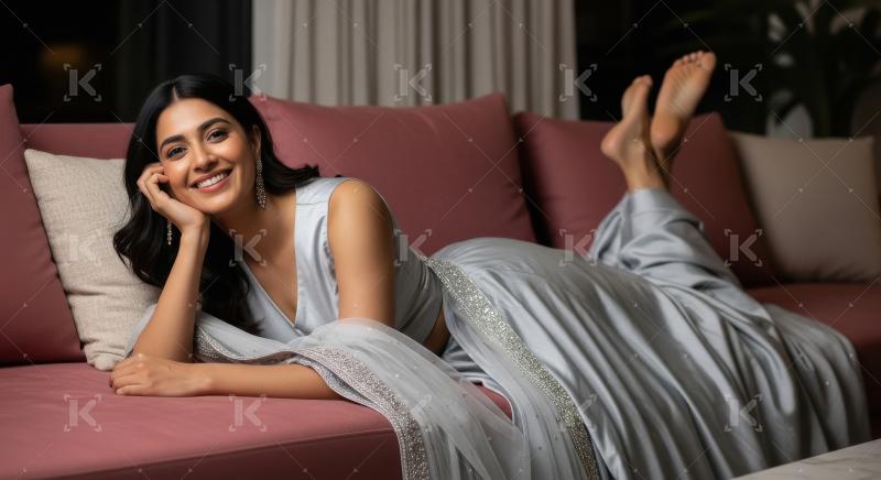 Young beautiful indian woman laying on sofa at home