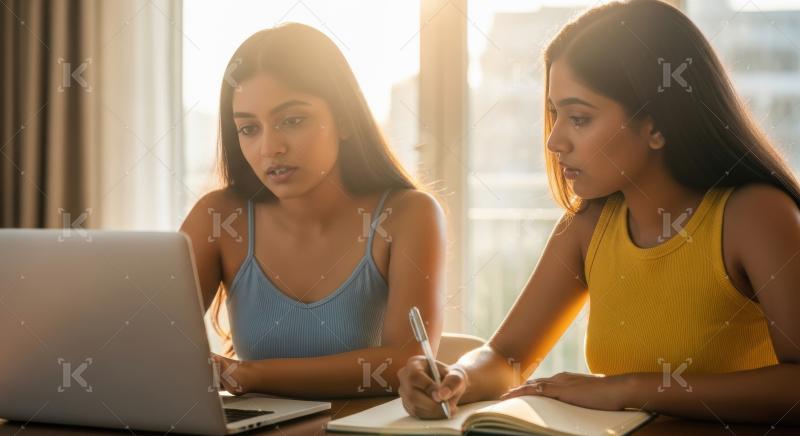 Two young indian girl using laptop together at home