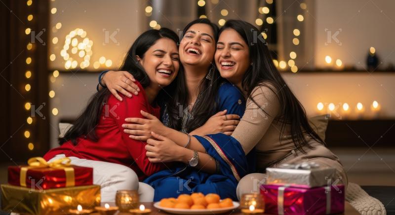 Tree young indian female friends celebrating diwali festival tog
