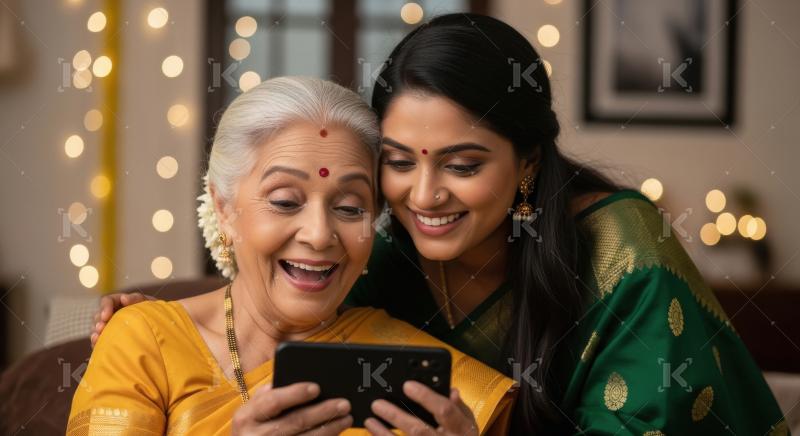 Happy indian mother and daughter using smartphone together on di