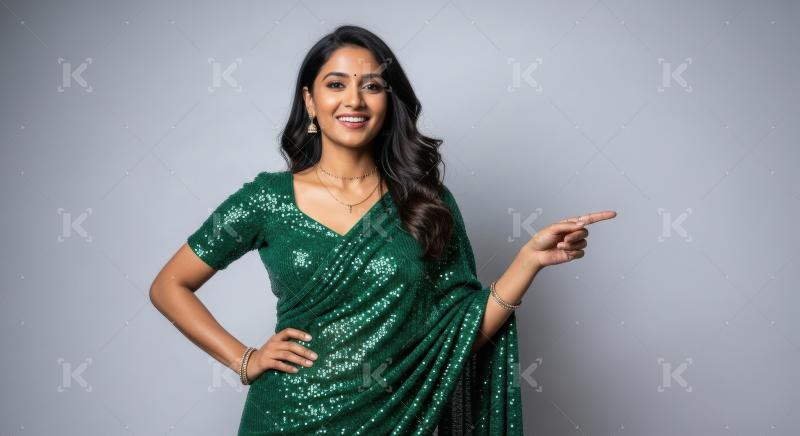 Young indian woman wearing traditional sari pointing with finger