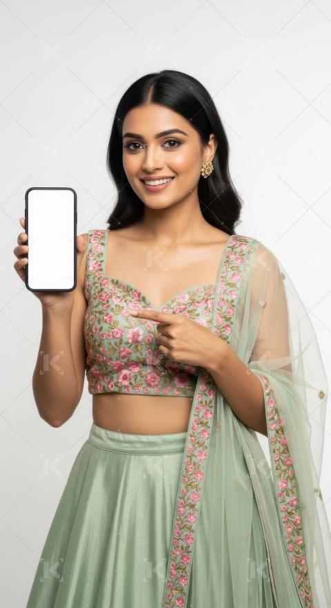 Young indian woman pointing with finger on blank mobile screen