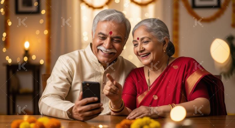 Happy indian senior couple using smartphone together at home