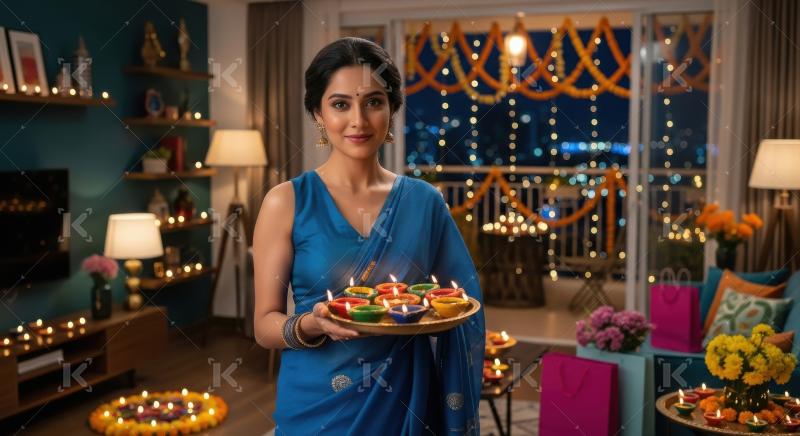 Young indian woman holding oil lamps plate on diwali festival