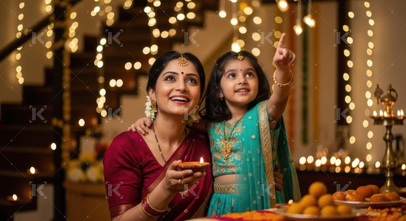Happy indian mother celebrating diwali festival together at home