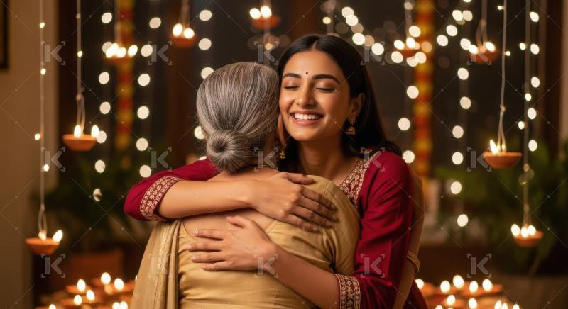 Young indian daughter hugging to her mother on diwali festival a