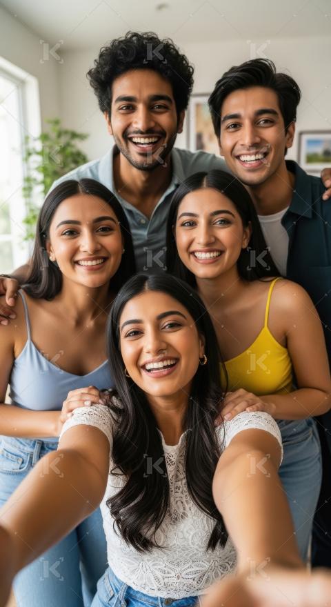 Young indian friends taking selfie together at home