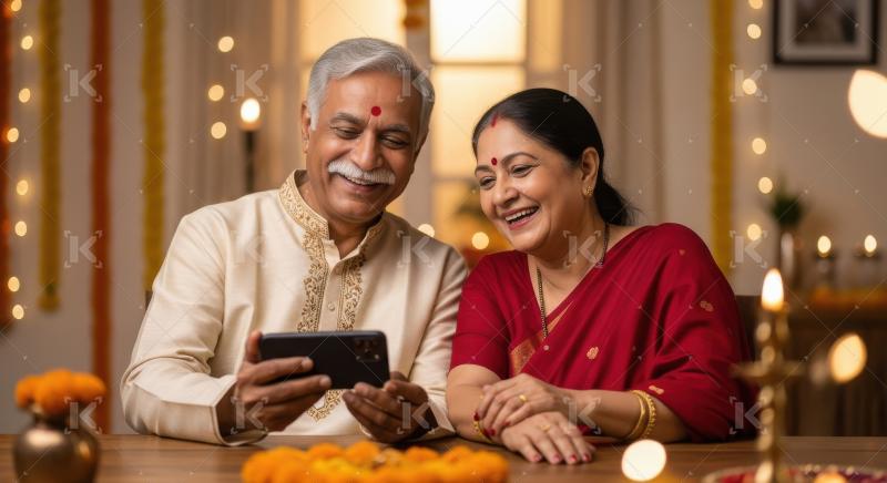 Happy indian senior couple using smartphone together at home