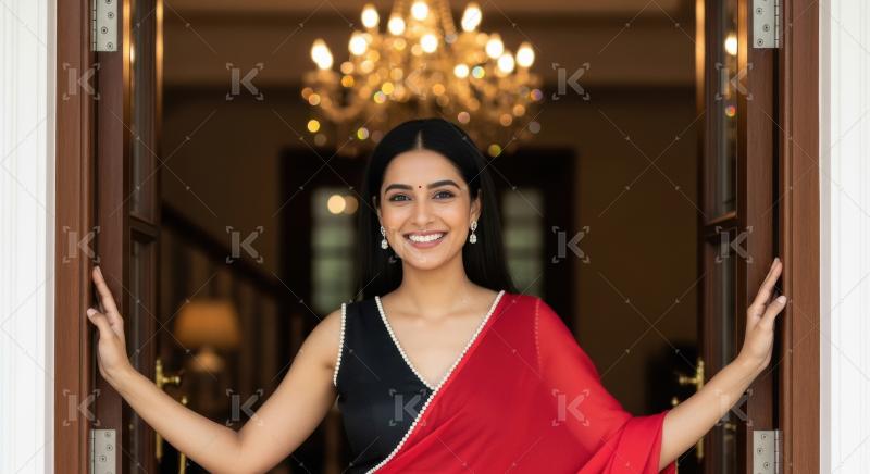 Young indian woman wearing traditional sari standing in house do