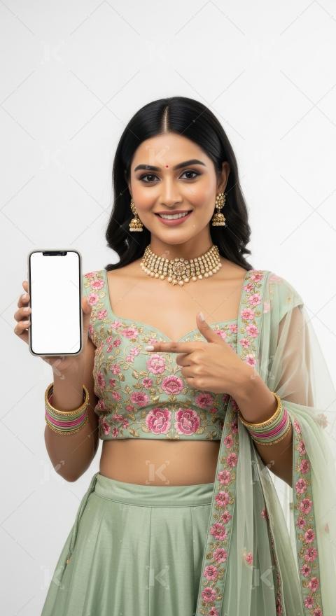 Young indian woman pointing with finger on blank mobile screen