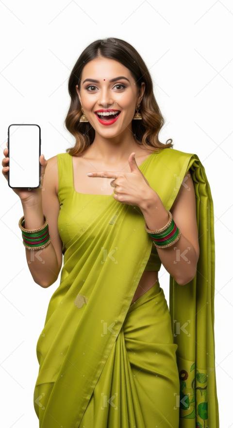 Young indian woman pointing with finger on blank mobile screen