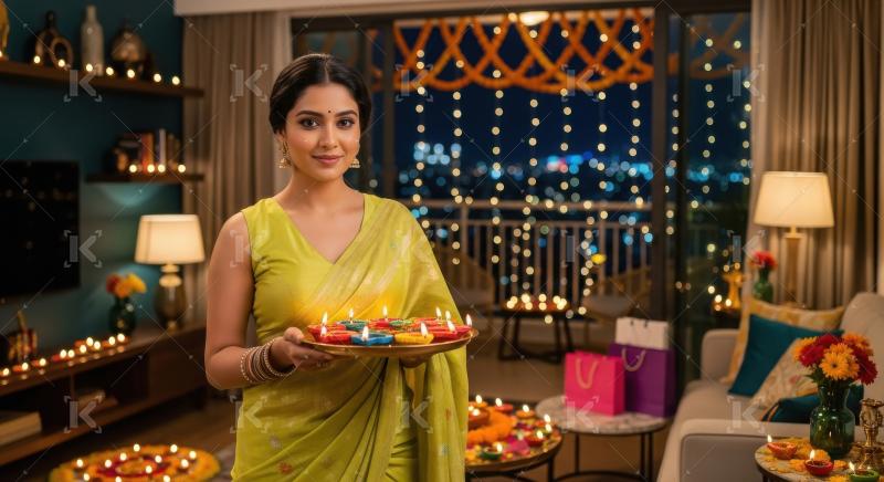 Young indian woman holding oil lamps plate on diwali festival