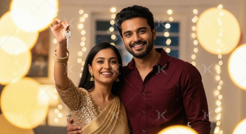 Young indian couple holding new house key on diwali festival