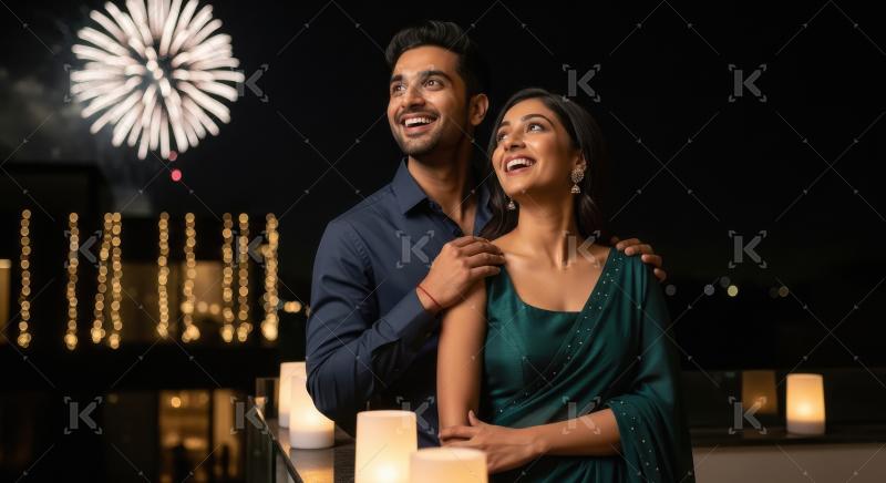 Young indian couple celebrating diwali festival together standin