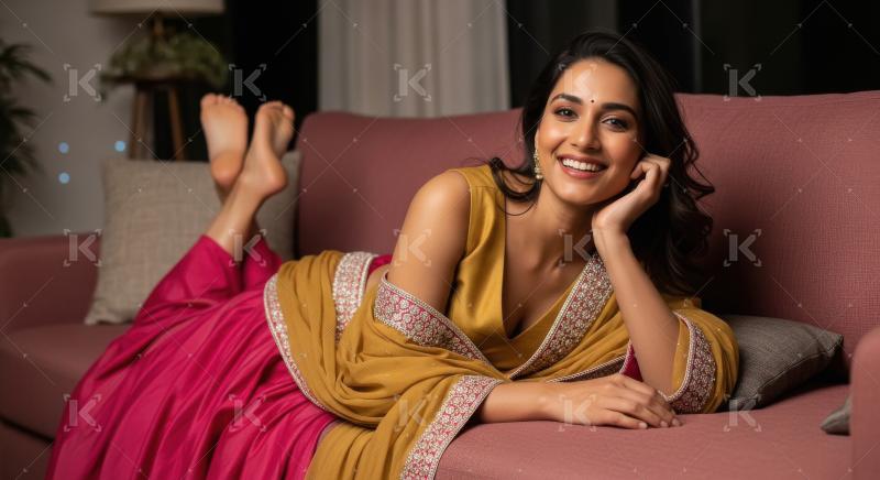 Young beautiful indian woman laying on sofa at home