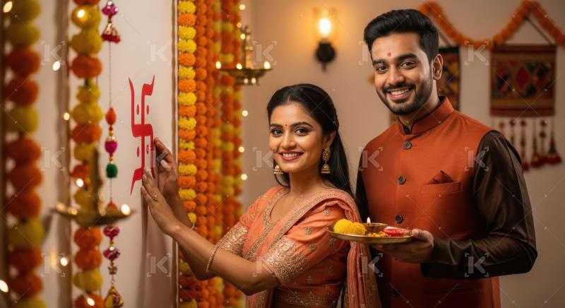 Happy young indian couple celebrating diwali festival together a