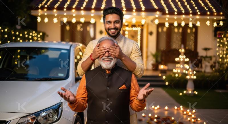 Happy indian father and son celebrate together at home