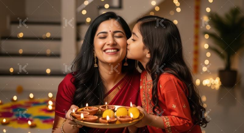 Happy indian mother celebrating diwali festival together at home