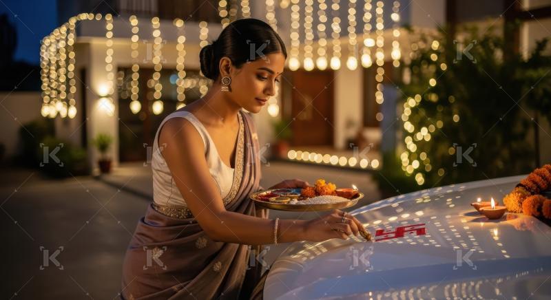 Young indian woman doing pooja of new car on diwali festival