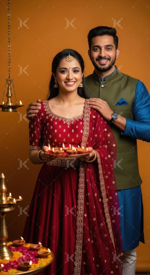 Happy young indian couple celebrating diwali festival together a