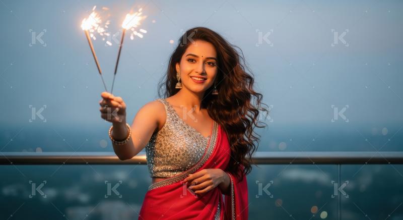 Young indian woman holding sparkler on diwali festival
